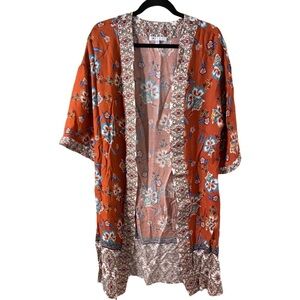 DR2 open cardigan/kimono. Size XS/S. Cute dark orange with floral pattern.